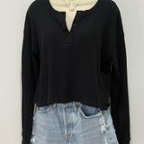 Aritzia TNA  Kendall Waffle Henley Crop Top Long Sleeve Black Small Lounge Winter Photo 0