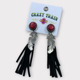 Crazy Train Women’s  Silver Feather Black Leather Tassel Western Style Earrings Photo 0