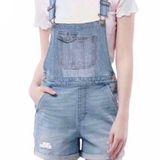 L.E.I VTG Y2K . Blue Light Wash Denim Distressed Cuffed Hem Bib Overall Shorts Photo 0