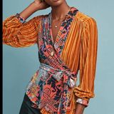 Moulinette Soeurs Anthropologie  gold‎ paisley wrap top mustard yellow sz M Photo 0