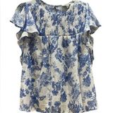 Counterparts  Blue and White Floral Feminine Flowy Blouse with Flutter Sleeves L Photo 0