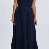 Molly Bracken NWT Tiered Cotton V-Neck Maxi Dress Navy Blue Size Medium Photo 0
