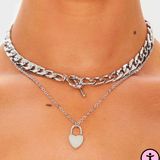 Pretty Little Thing Silver Chunky Chain T Bar And Heart Pendant Layering Necklace Photo 0
