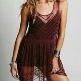 Free People  Starry Night SHEER Dress Mesh Bead Round Neck Sleeveless wine Size M Photo 0