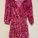 Anthropologie O.P.T Velvet Floral Cutout Puff Sleeve Mini Dress Fuchsia Pink M Photo 0