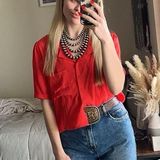 AQUA  red short sleeve button down size small Photo 0