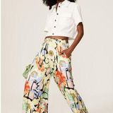Equipment  Yellow Green Silk Tropical Wide Leg Flowy Trousers Pants Size 8 Photo 0