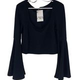 ZARA Womens Flare Long Sleeve Blouse Top Stretch Scoopneck Black Size Medium NWT Photo 0