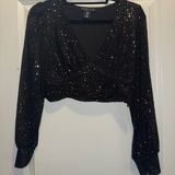 EXPRESS  Black Crop Sequin Long Sleeve Photo 0
