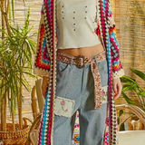 POL Long Multicolored Boho Grannie Square Crochet Sweater Cardigan Duster Photo 0