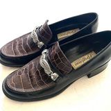 Brighton vintage Dawn blk/chestnut polished calf croc heeled loafers Photo 0