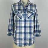 Super Dry Blue Plaid Snap Button Front Blouse XS Photo 0