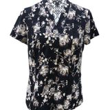 Dana Buchman Black Floral Short Sleeve Button Up Blouse Shirt Pleated S Photo 0