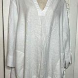 Lands' End  white linen blend tunic top XXL Pockets hem slits 3/4 sleeves w cuffs Photo 0