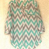 Tacera  Aqua Chevron Tab Sleeve Blouse Size M Photo 0