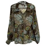 Liz Baker  Women's Brown Green Blue Long Sleeve Button Up Sheer‎ Blouse Size XL Photo 0