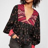 Free People Lady Lou Black Floral Embroidered Boho Blouse Photo 0