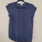 Joie  Navy Button Front Silk Short Sleeve Blouse Photo 0