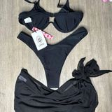 Cider  Sea Underwire Bikini Set Black three piece top bottom sarong size L NWT Photo 0