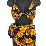 Venus VTG 90s Bikini Swimsuit 4 Pc Set Tops + Bottom + Sarong Blue Yellow Floral Photo 0