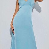 Cider  Baby Blue V Neck Halter Midi Dress Photo 0