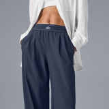 Alo Yoga Alo Suit Up Trousers Navy High-Rise Waist Windbreaker Wide Leg Edgy Slacks Pants Photo 0