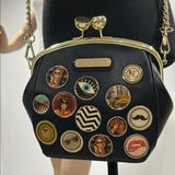 Nicole Lee Black Crossbody Bag with Gold Chain and Decorative Patches Photo 0