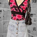 American Vintage Y2K Black Pink Floral Wrap Top Tie Back Women's Small Sleeveless V Neck USA Made Photo 0