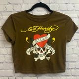 Ed Hardy  Love Kills Slowly Brown Crop Top Medium Skull Crossbones Heart Graphic Photo 0
