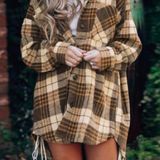 Boutique Brown Plaid Print Boyfriend  Long Sleeves Shirt Coat Lg Photo 0