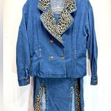 Vintage 90s Y2k Denim Leopard Trim Jacket and Skirt Set by RAMA USA Mobwife Blue Size M Photo 0