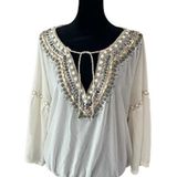 Freeway Apparel Freeway Bohemian Beaded Top Cream Metallic Beads Beach Leisure Size Large‎ Photo 0