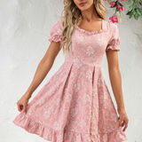 JJ's House  Flower Ruffle V-Neck‎ A-line Jacquard Mini Dress Photo 0