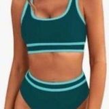 Blooming Jelly  2 piece high rise swimsuit aqua stripe women’s XL Photo 0