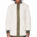 1 Madison  Ladies' Cream & Olive Khaki Trim Sherpa Fuzzy Hooded Full Zip Jacket Photo 0
