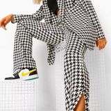 Boohoo High Waisted Dogtooth Check Split Front Trousers Size 12 Tall NWT Photo 0