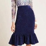 Maeve Anthropologie  Nell Flounced Midi Skirt Navy Blue Size Small Velvet Stretch Photo 0