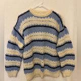 Handmade Wool Sweater Womens Balloon Sleeve Hand Knitted Stripe Blue Cream Knit Large Photo 0