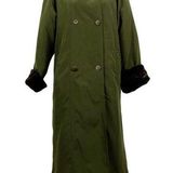 Larry Levine VTG Double Breasted Maxi Long Trench Coat Green Hooded faux Fur M Photo 0