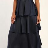 Lulus Going with Elegance Navy Blue Satin Tiered Gown Photo 0