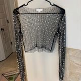 Boutique Sheer Mesh Pearl-Embellished Crop Top Photo 0