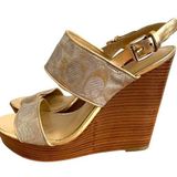 Coach  Jezebel Metallic Logo Wood Heel Open Toe Buckle Wedge in Gold Silver 8.5 Photo 0