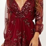 Showpo What Comes Around Playsuit in Wine Sequin Photo 0