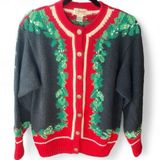Orvis 80's Vintage Holiday Mistletoe Chunky Knit Cardigan Sweater Navy Red L Photo 0