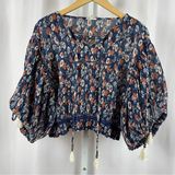 POL Medium Peasant Floral Boho Pleated Puff Sleeve Crop Top Cottagecore Tassel Photo 0