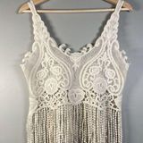 Clover + Scout Lace Crop Top Fringe Hem Tank Size XS Ivory Festival Boho Western Photo 0
