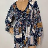 MELLODAY Mellóday Boho Paisley Patchwork Print Smocked Tunic Mini Baby Doll Dress Size M Photo 0