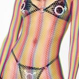 Rave festival Stripped rainbow long sleeve fishnet dress Photo 0
