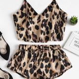 Leopard Print Satin Cami Top Shorts Pajama Set Photo 0