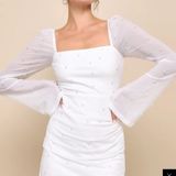 Lulus Flirty Luxury Ivory Mesh Pearl Long Sleeve Mini Photo 0